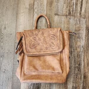 VR Tan Faux Suede Backpack Floral Eyelet Design Adjustable School Vacation NWT